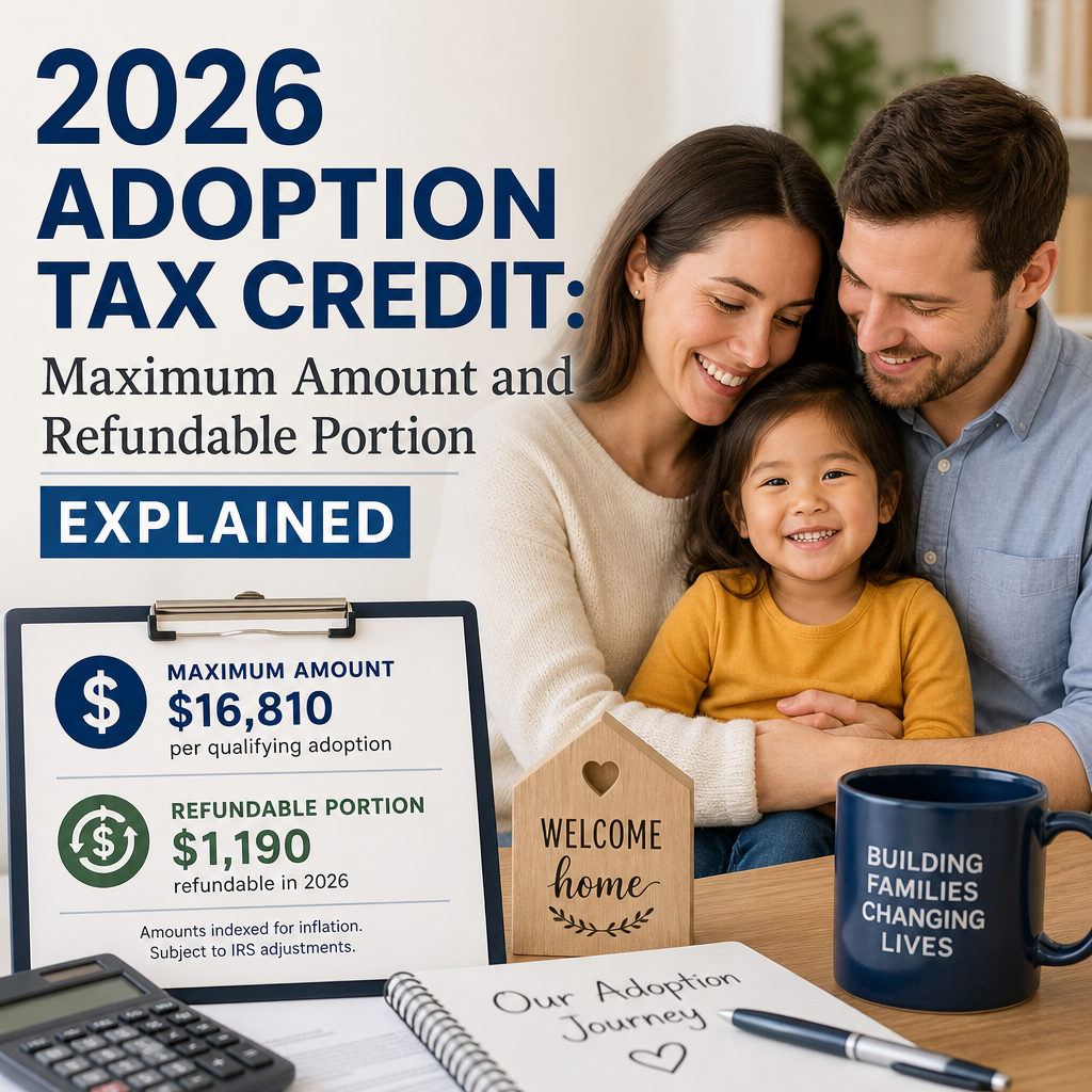 2026 Adoption Tax Credit infographic showing maximum amount and refundable portion for adoptive families