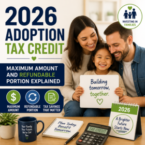 Happy family with financial planning tools illustrating the 2026 adoption tax credit benefits and refund amount