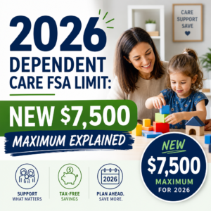 2026 dependent care FSA limit illustration with $7,500 max, tax-free savings, and family care support icons