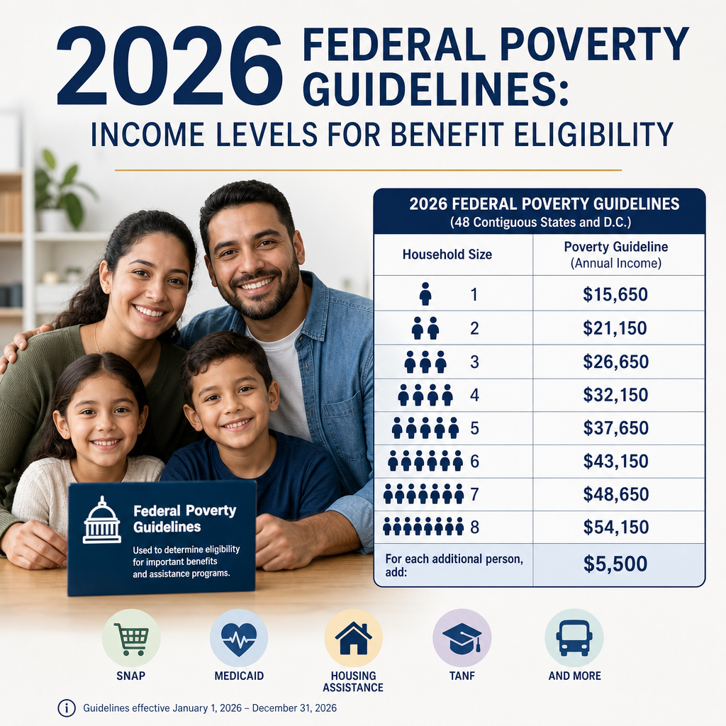 Chart of 2026 Federal Poverty Guidelines showing income levels for benefit eligibility by household size.