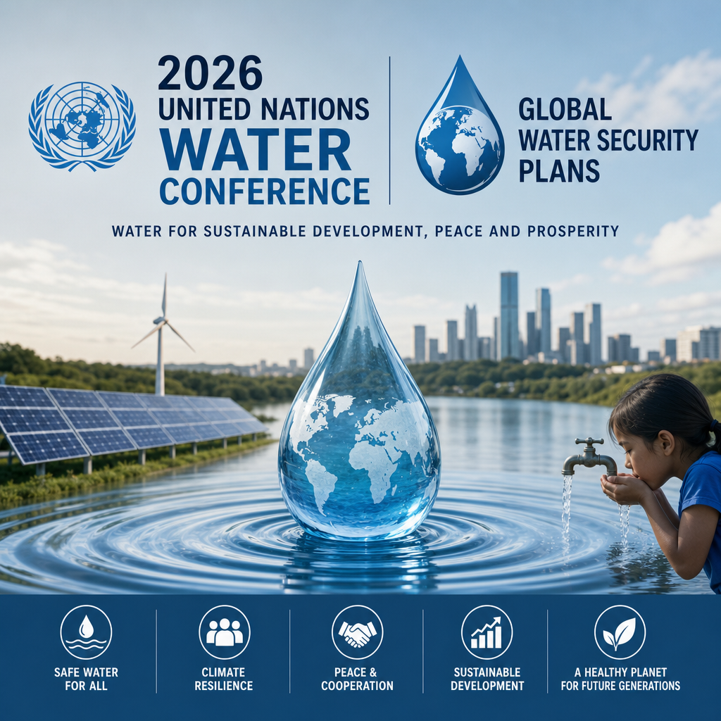 United Nations Water Conference graphic on global water security, with a water droplet and world map.