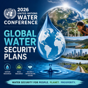 United Nations Water Conference banner with globe, water drop, and text about global water security plans