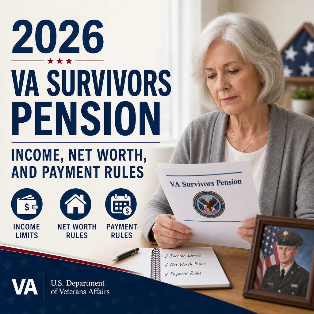 VA Survivors Pension guide on 2026 income, net worth, and payment rules for surviving spouses and children