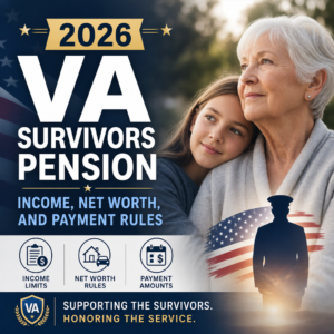Illustration of 2026 VA Survivors Pension income, net worth, and payment rules for surviving spouses and children