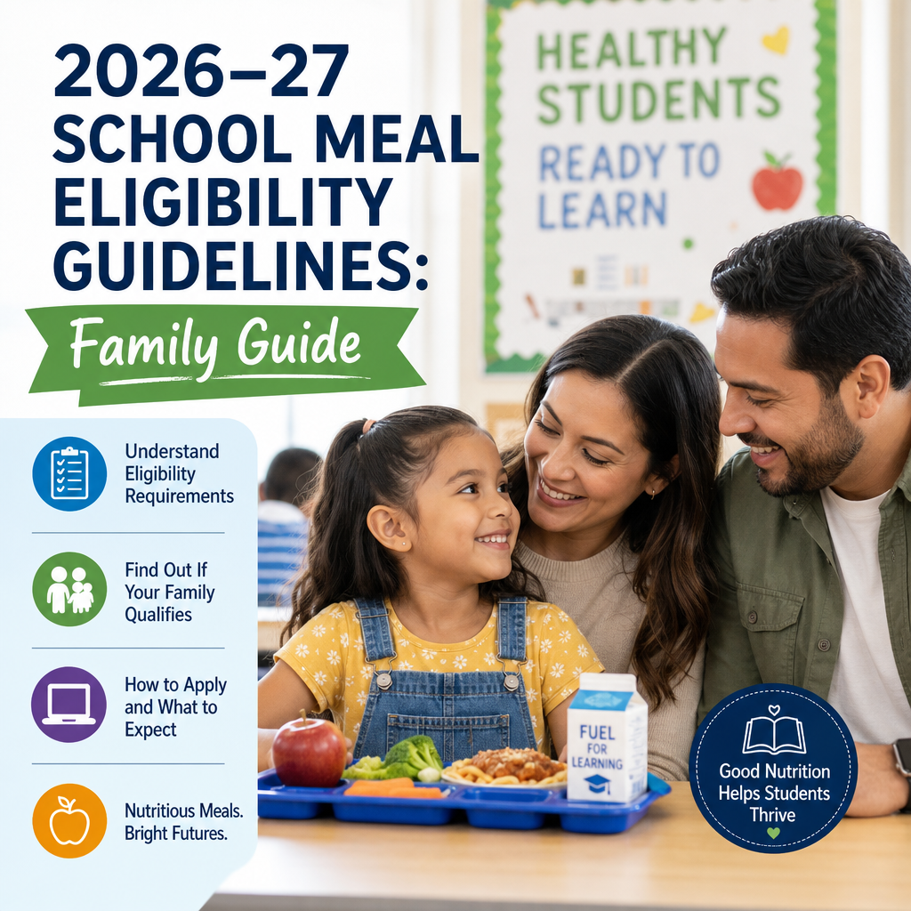 Happy family with nutritious school lunch for 2026–27 school meal eligibility guide
