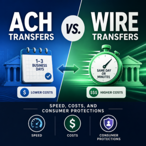 Comparison chart of ACH and wire transfers showing speed, costs, and consumer protections