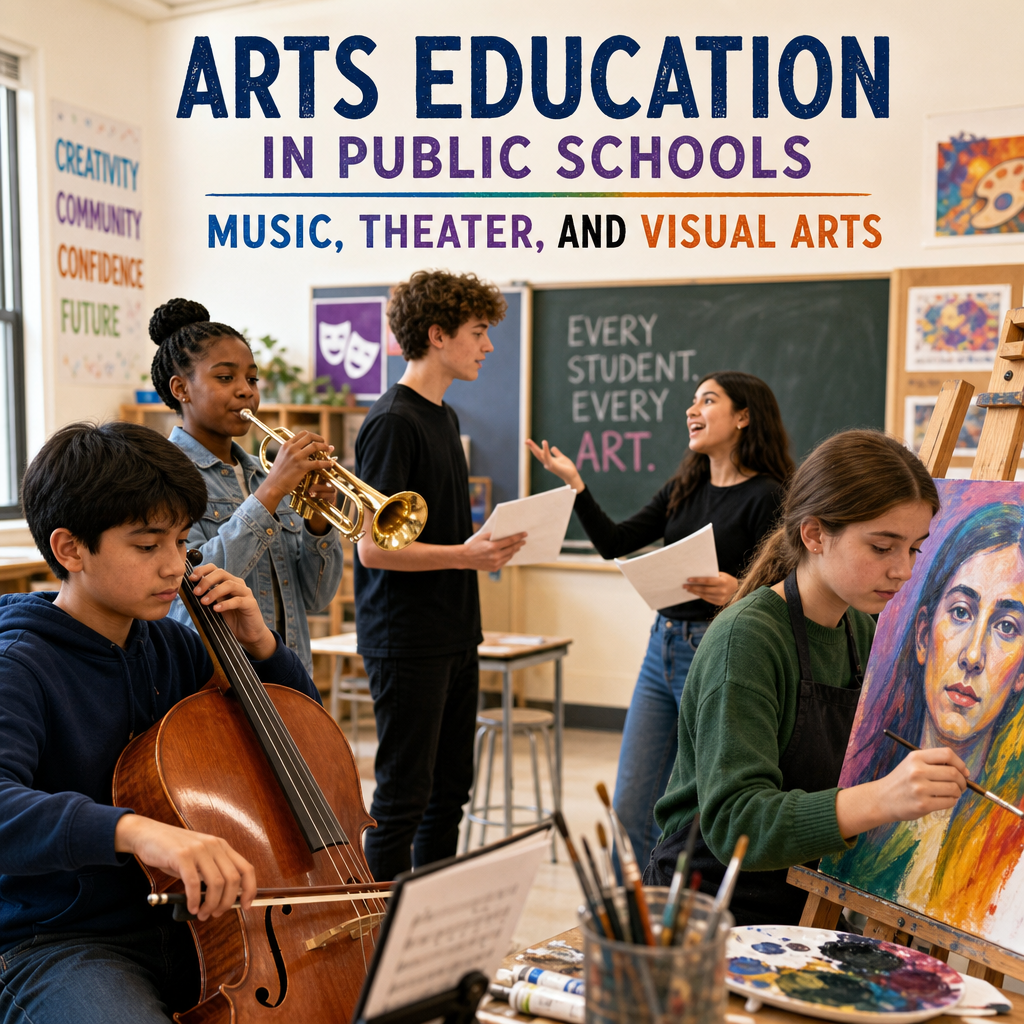 Students in a public school classroom doing music, theater, and visual arts activities