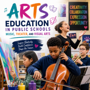 Students in a public school classroom participating in music, theater, and visual arts activities