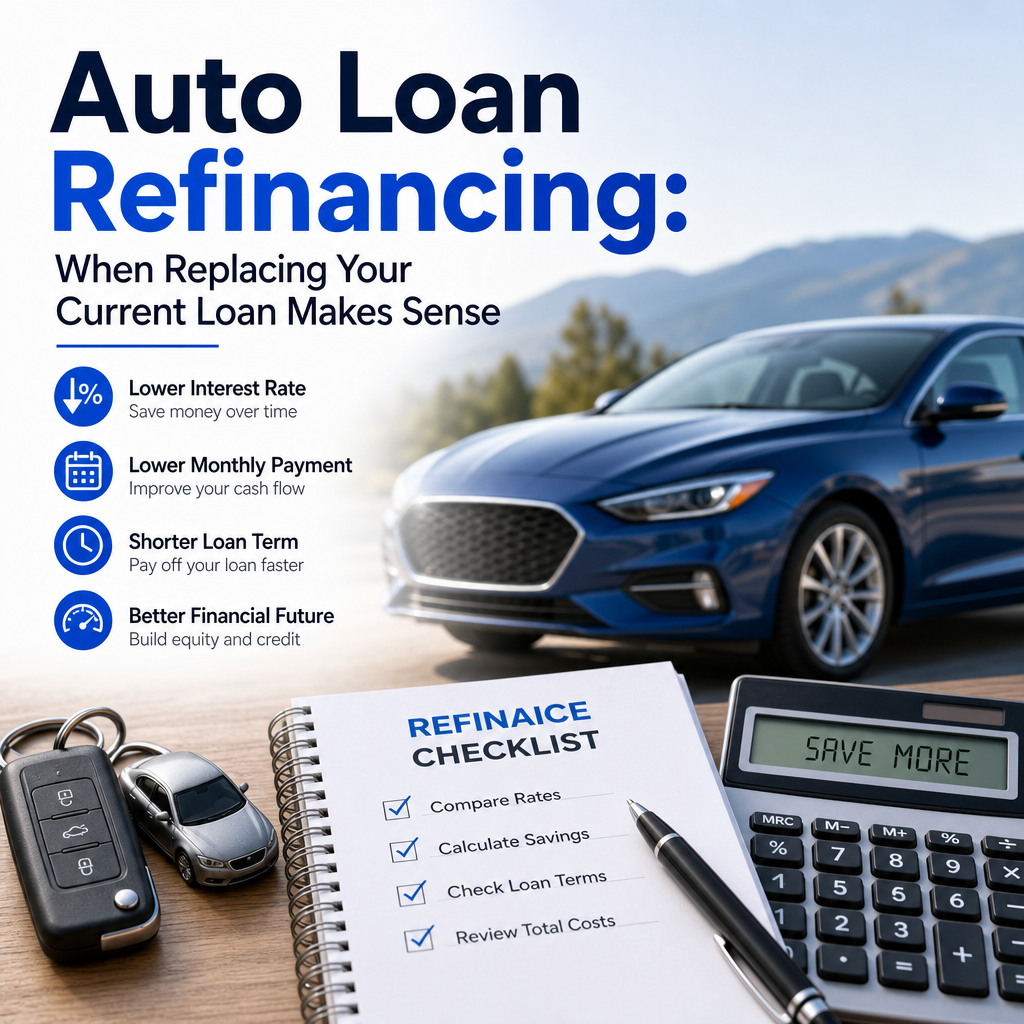 Checklist with car keys and icons showing lower rates, lower payments, and better loan terms for auto loan refinancing
