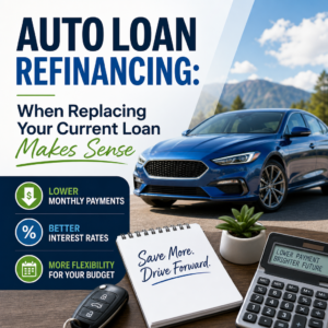 Blue car with calculator and charts showing auto loan refinancing benefits, lower payments, and better rates