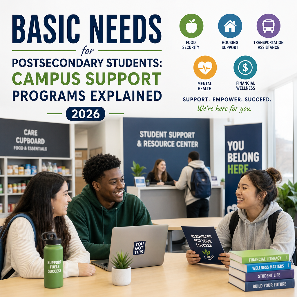 Infographic of campus basic needs support programs for students in 2026, covering food, housing, transportation, and childcar