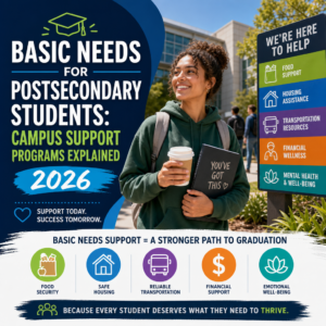 Infographic of campus support programs helping college students with food, housing, transportation, and childcare needs.