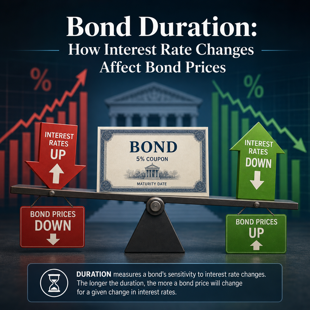 Infographic showing bond duration and how bond prices change as interest rates rise or fall