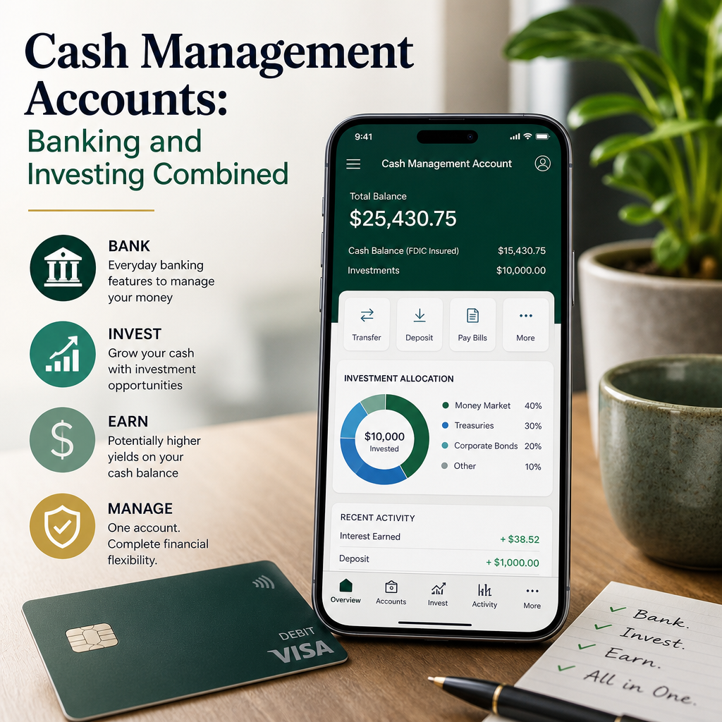 Smartphone showing a cash management account with banking, investing, and financial management features