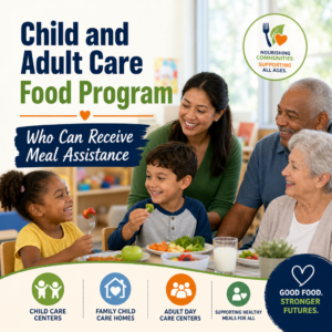Multigenerational family sharing a nutritious meal, illustrating Child and Adult Care Food Program meal assistance