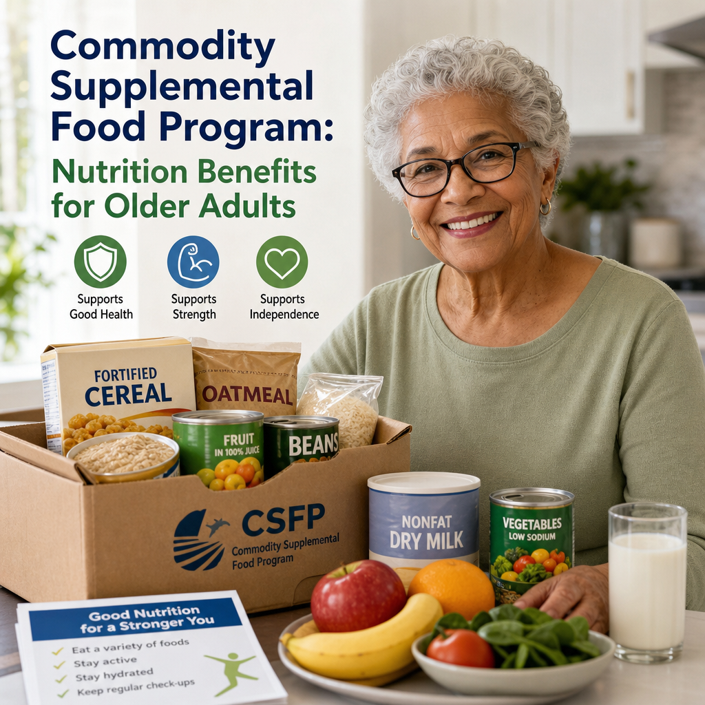 Smiling older adult holding a Commodity Supplemental Food Program box of nutritious foods