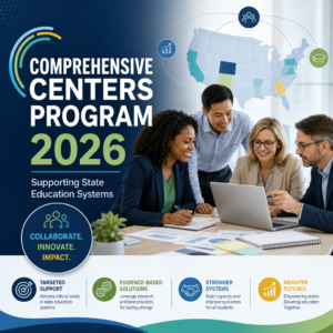 Comprehensive Centers Program 2026 graphic showing state education support, evidence-based solutions, and stronger systems