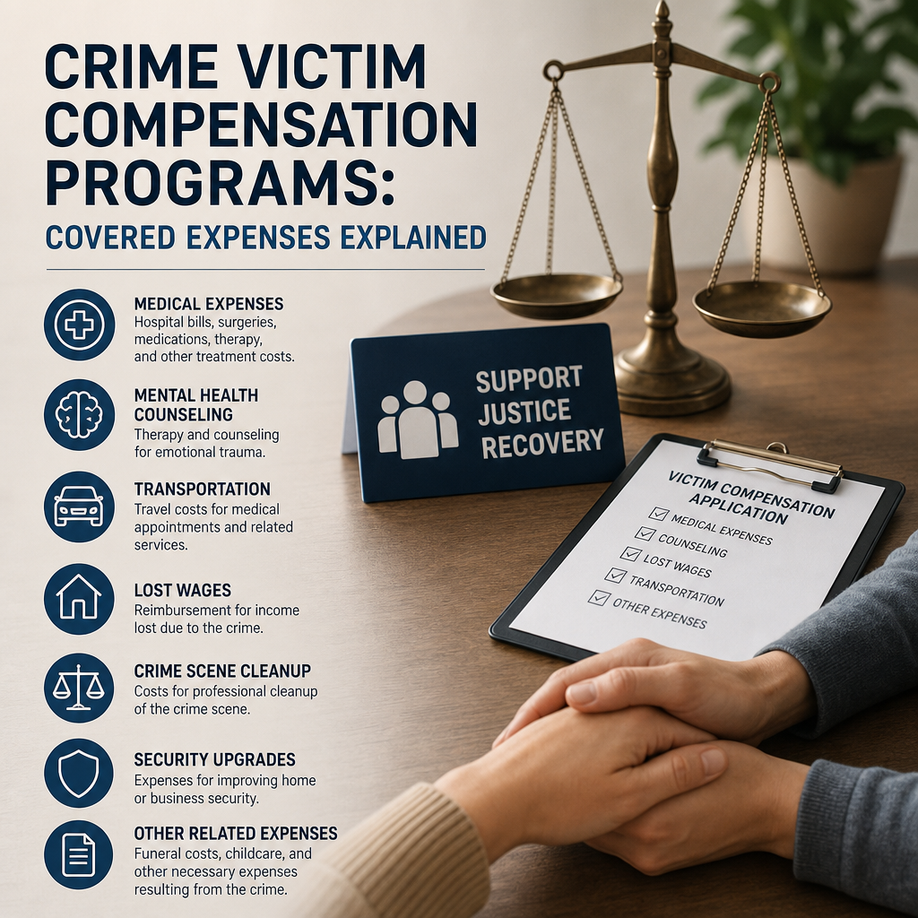 Infographic of crime victim compensation programs showing covered expenses and an application form