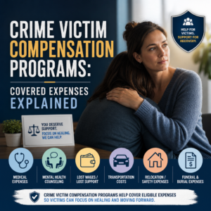 Illustration of crime victim compensation programs covering medical, counseling, lost wages, relocation, and funeral costs