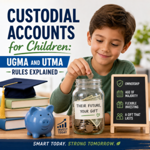 Illustration of UGMA and UTMA custodial accounts for children with coins, documents, and a child savings symbol