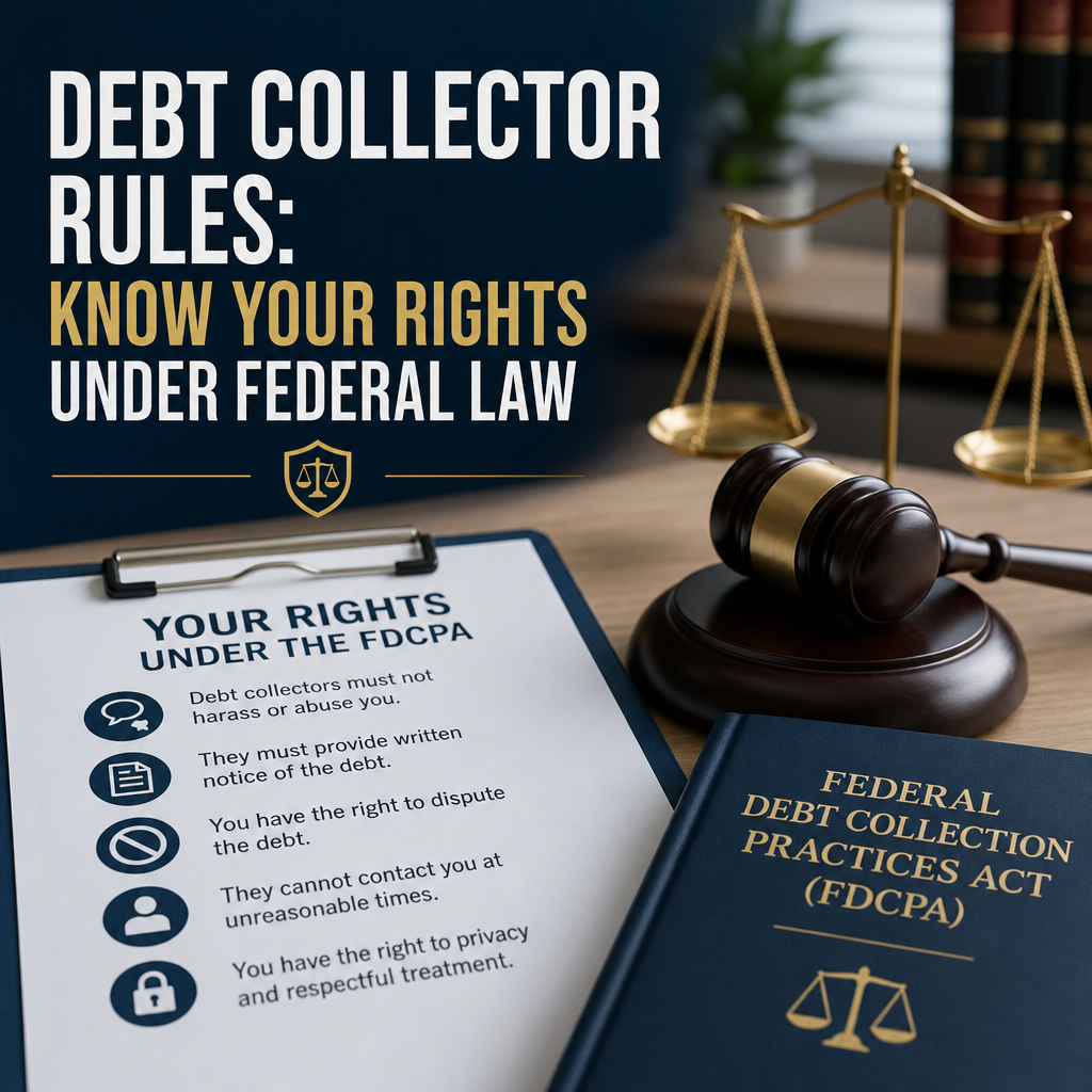 Debt collector rules with legal symbols representing consumer rights under the FDCPA