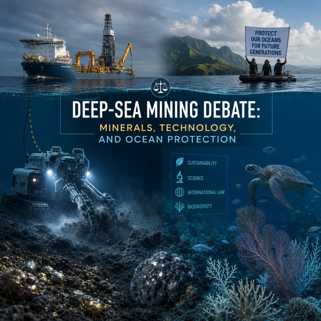 Illustration of deep-sea mining equipment extracting minerals from the ocean floor with fish and coral nearby