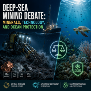Underwater mining robot on the seafloor with mineral nodules, symbolizing the deep-sea mining debate.