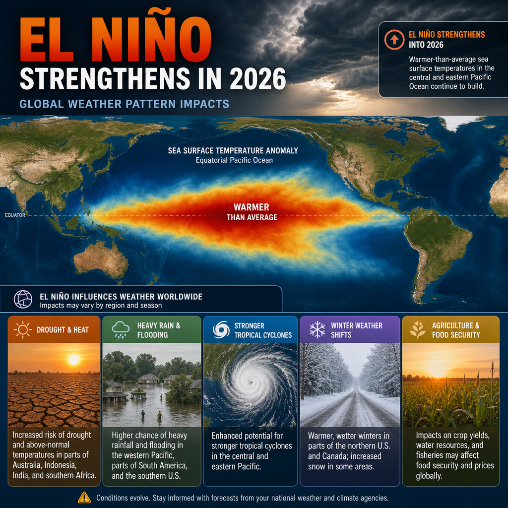 World map showing El Niño impacts: drought, flooding, tropical cyclones, winter storms, and crop stress