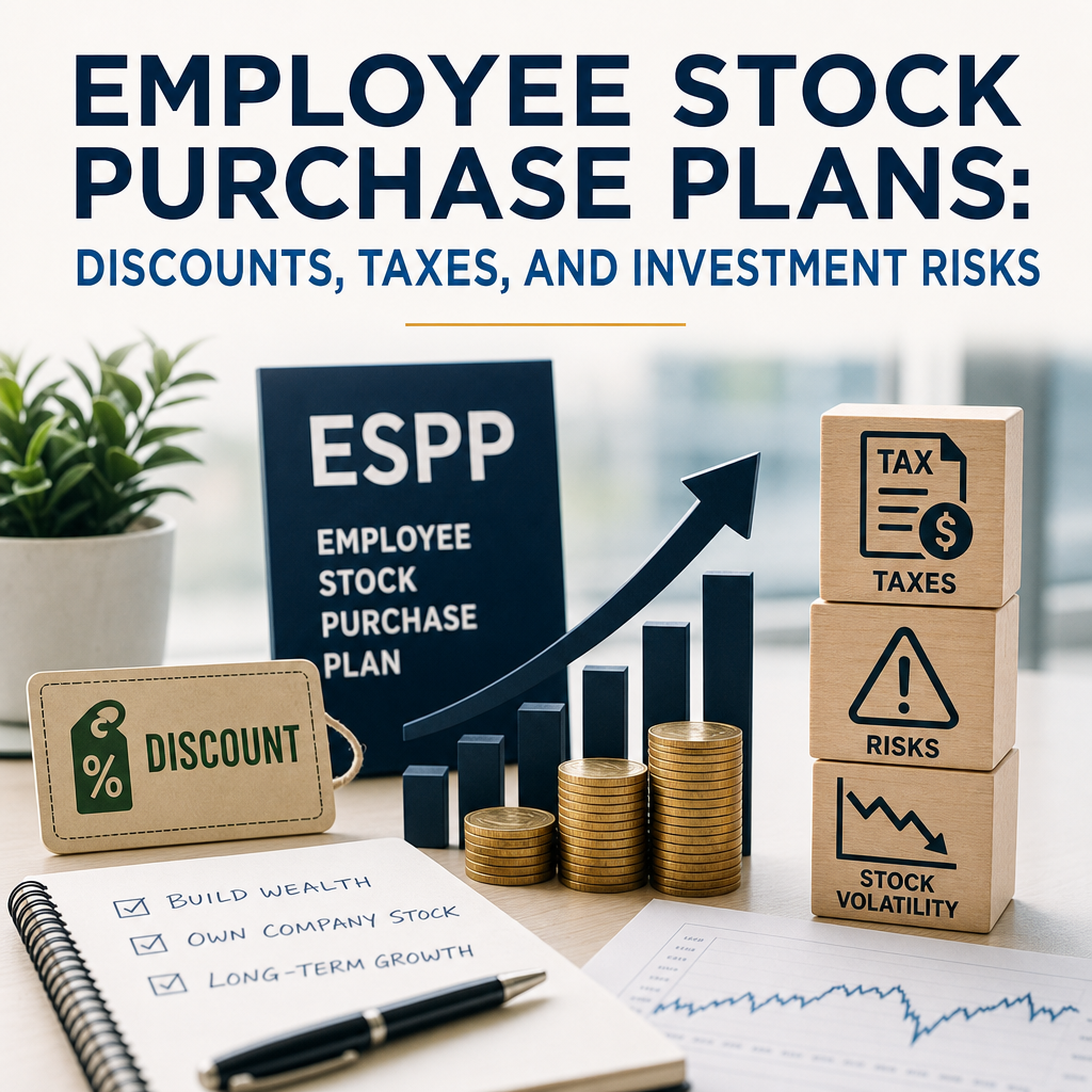 Illustration of employee stock purchase plans with discount, taxes, risks, and investment growth symbols