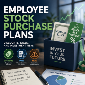 Employee stock purchase plans diagram showing discounts, tax rules, holding periods, and investment risks