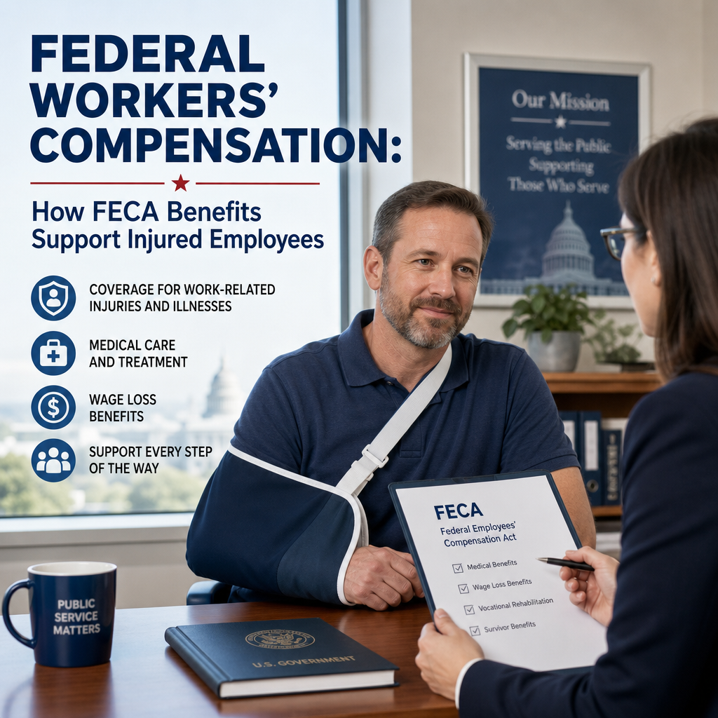 Illustration of FECA federal workers compensation benefits for injured employees with medical and wage loss support