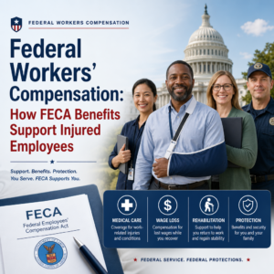 Illustration of federal workers compensation FECA benefits for injured employees, including medical care and wage loss suppor