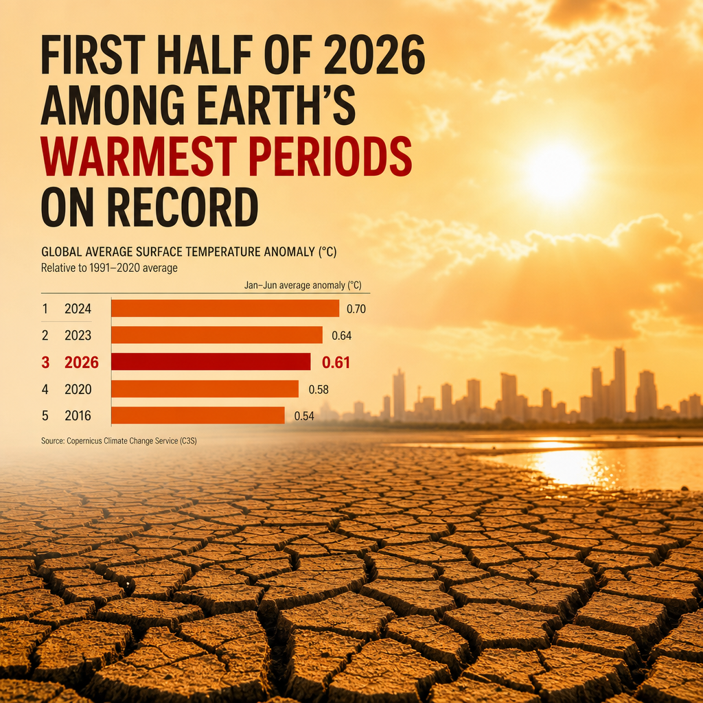 Infographic of global temperature anomalies showing first half of 2026 among Earth’s warmest periods on record