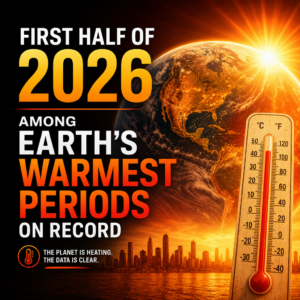 Infographic of a rising thermometer over a city skyline, showing early 2026 among Earth's warmest periods on record