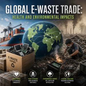 Gloved worker sorting discarded electronics near toxic waste, showing e-waste pollution and health risks