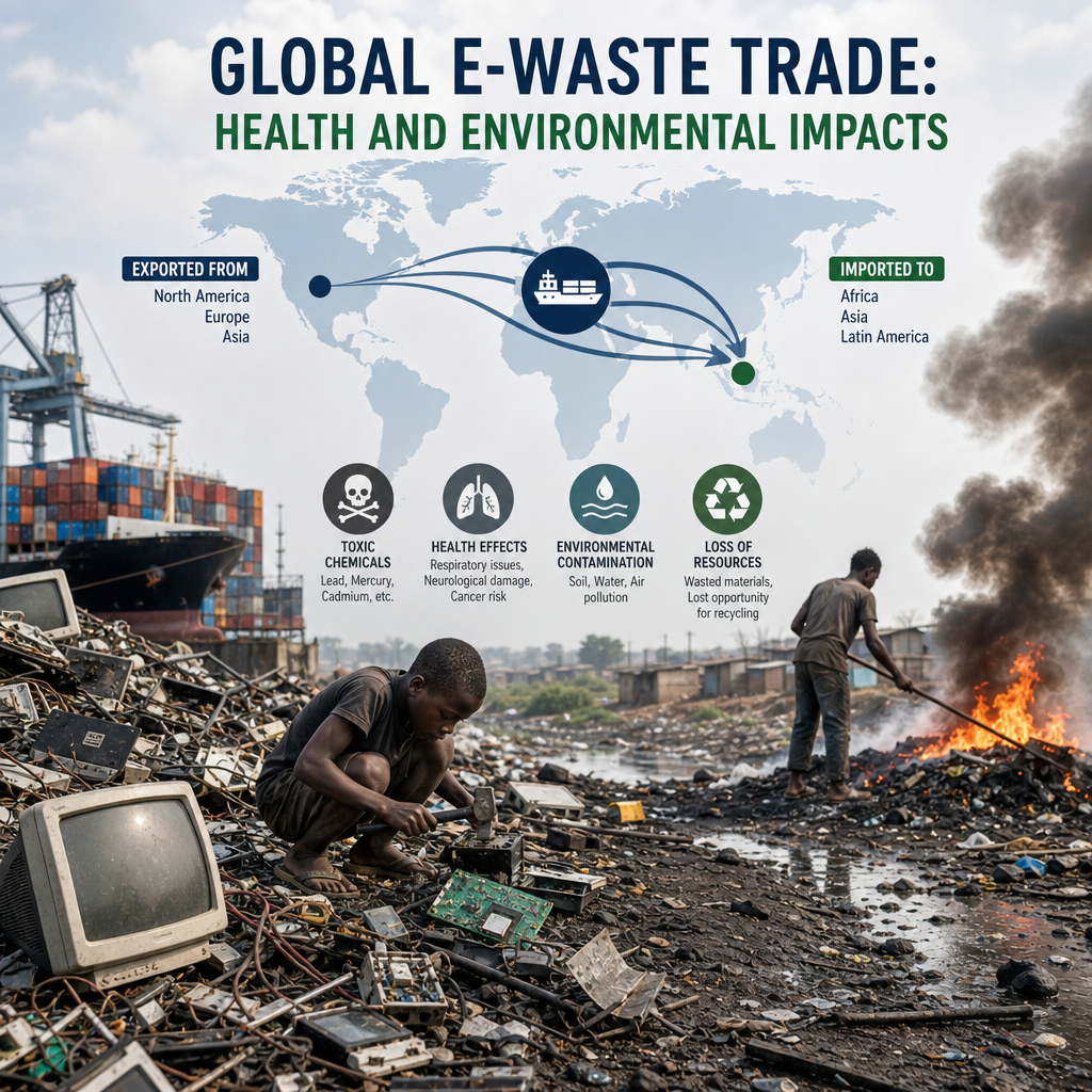 Map showing global e-waste trade routes to Africa and Latin America, with pollution and health hazard icons