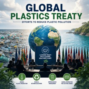 Delegates at a global plastics treaty conference discussing solutions to reduce plastic pollution