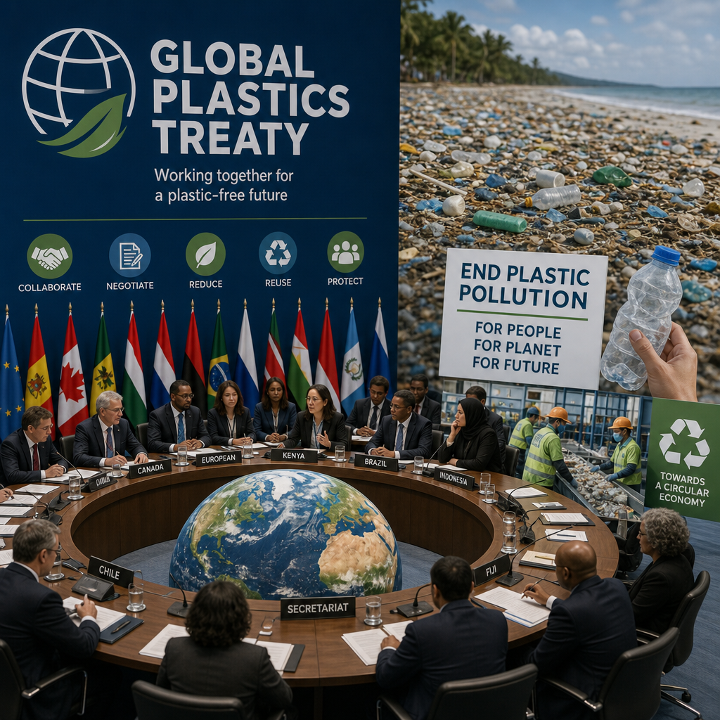 Global Plastics Treaty conference with delegates discussing plastic pollution reduction and sustainable solutions