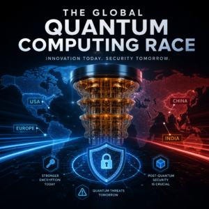 World map showing the quantum computing race across the USA, China, Europe, and India with security icons