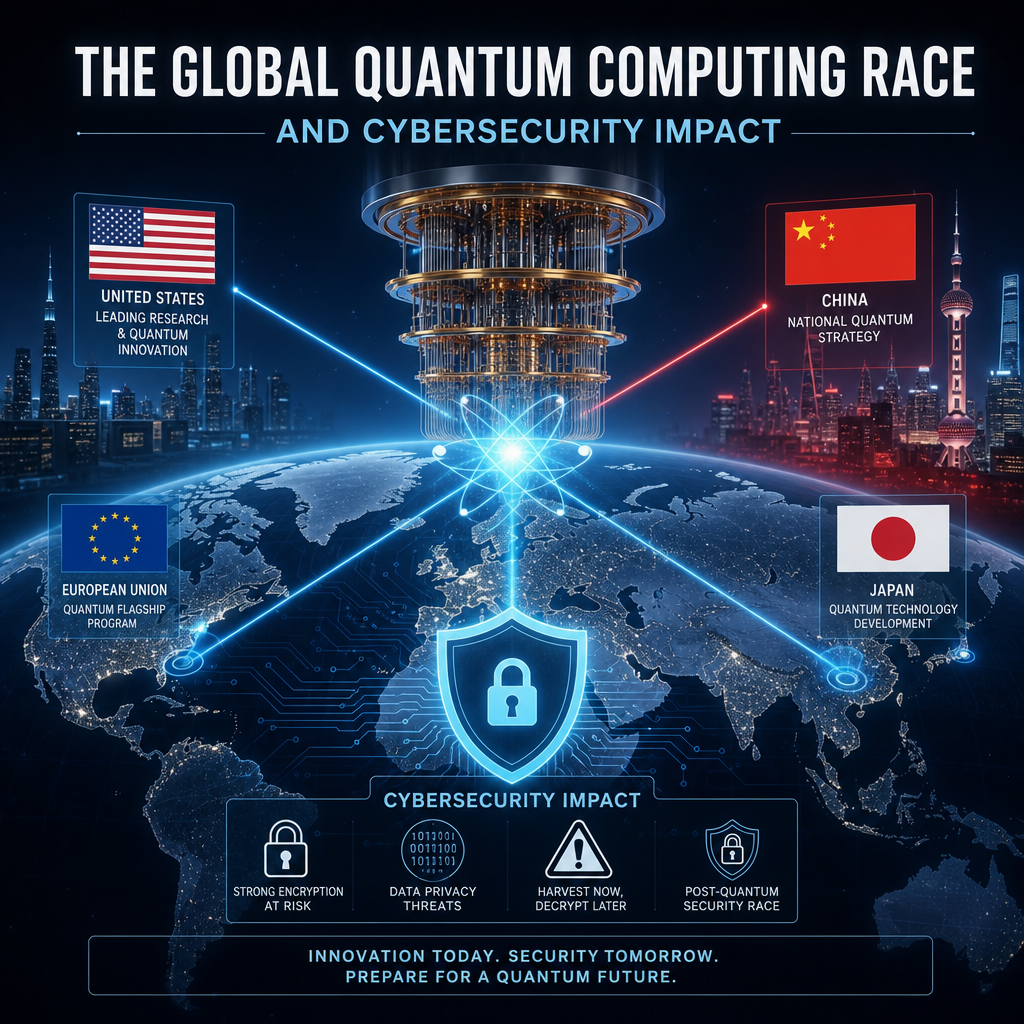 World map showing the quantum computing race among the U.S., China, EU, and Japan, with cybersecurity impacts highlighted