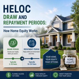 Infographic showing HELOC draw and repayment periods for home equity borrowing and payment changes