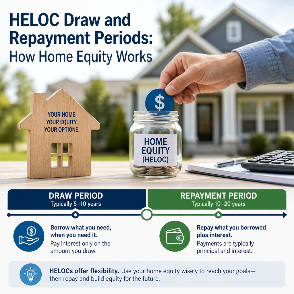 Infographic explaining HELOC draw and repayment periods for home equity loans