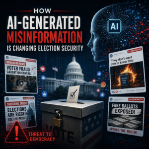 Election security graphic with fake ballots, voter fraud warnings, and AI misinformation symbols