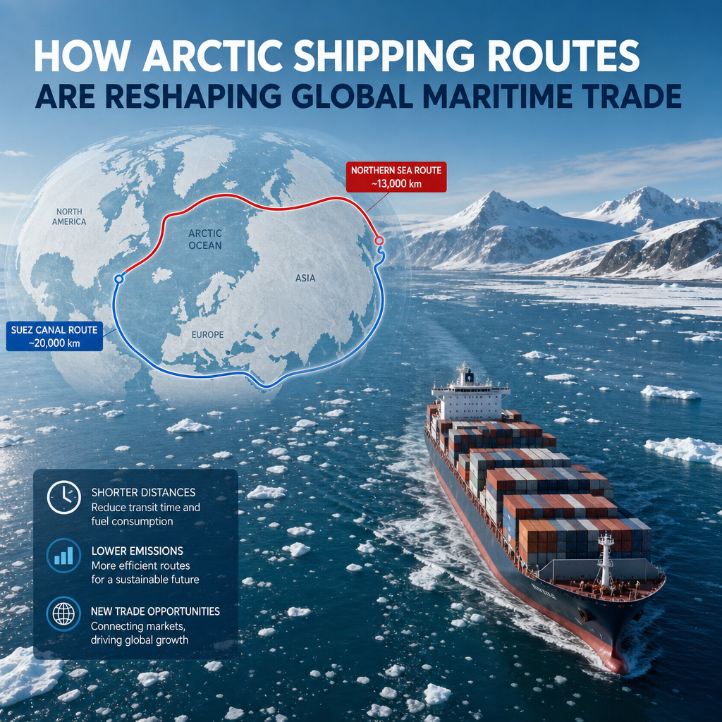 Map showing Arctic shipping routes between major markets, highlighting shorter trade paths and shipping lanes.