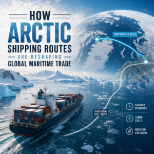 Arctic shipping routes showing shorter global trade paths through icy northern waters with ships and trade lines