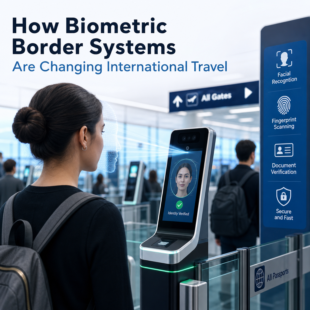 Woman using facial recognition at an airport border control checkpoint