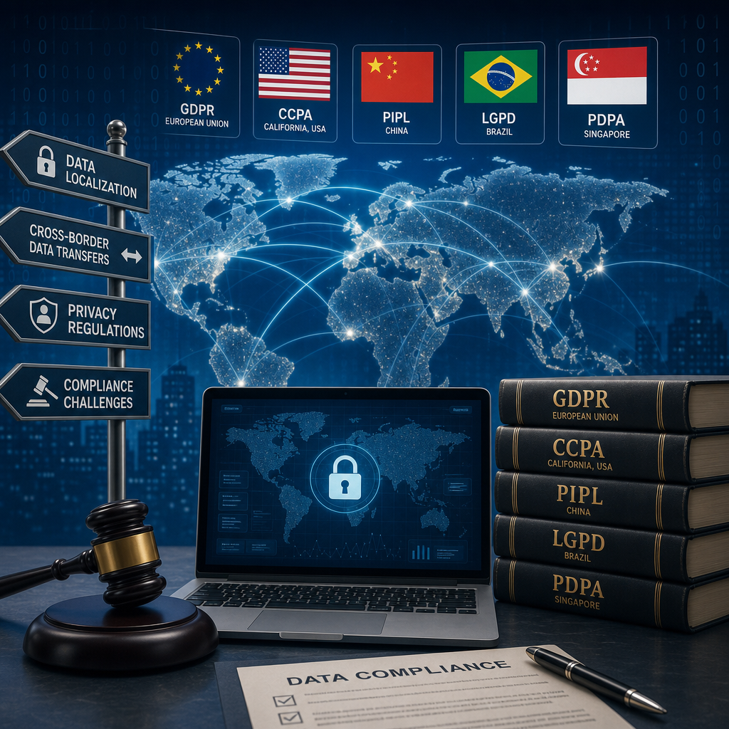 Global data privacy laws and compliance challenges shown with security and legal icons