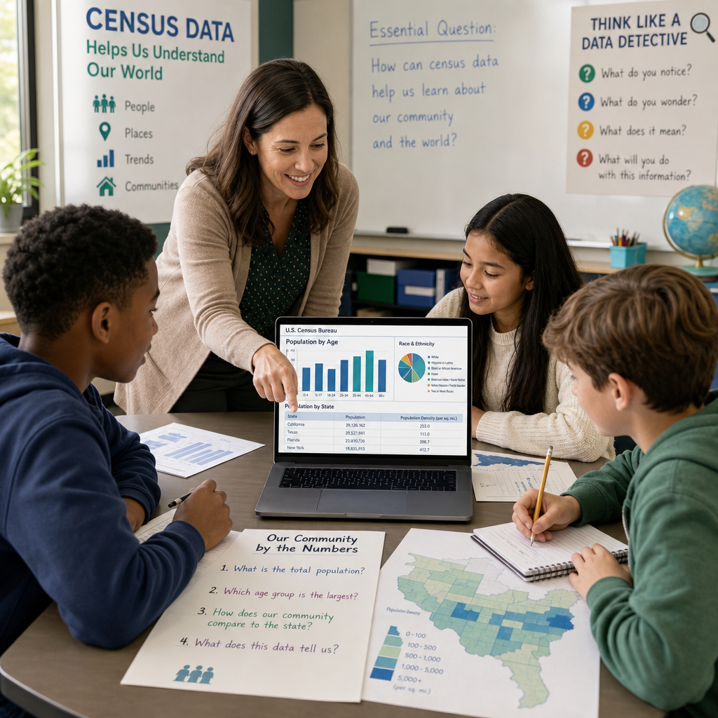 Teacher explaining census data charts to diverse elementary students in a classroom