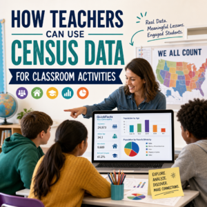 Teachers using census data activities to analyze graphs, trends, and community comparisons in class