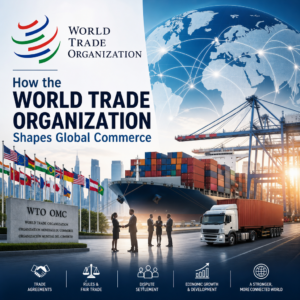 Illustration of the World Trade Organization shaping global commerce with ships, trade symbols, and international cooperation
